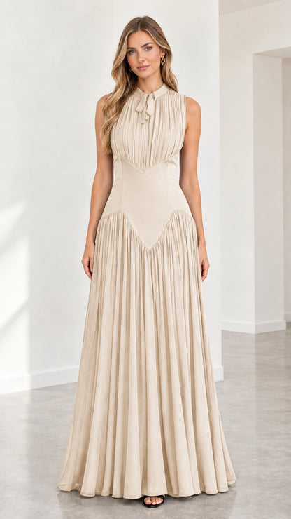 Champagne beige sleeveless pleated maxi formal evening gown