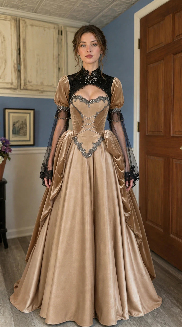 Victorian Gothic velvet ball gown in champagne