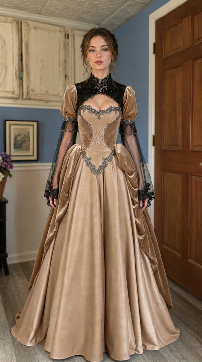 Victorian Gothic velvet ball gown in champagne