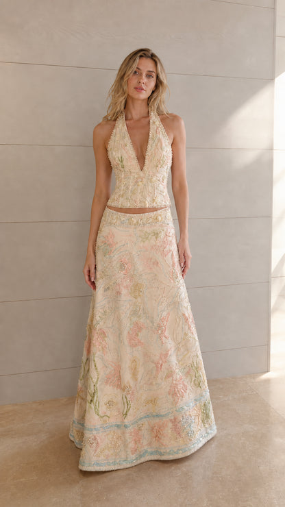 Ivory floral embellished halter crop top and maxi skirt set