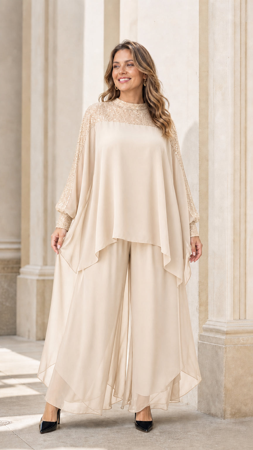 Model wearing champagne two-piece chiffon set