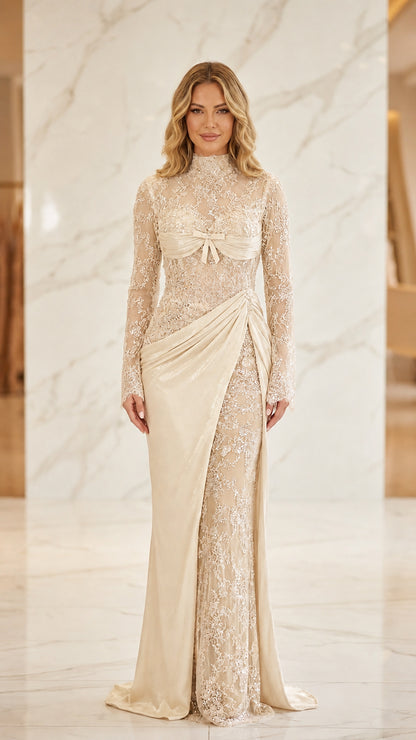 Model wearing champagne lace and satin evening gown