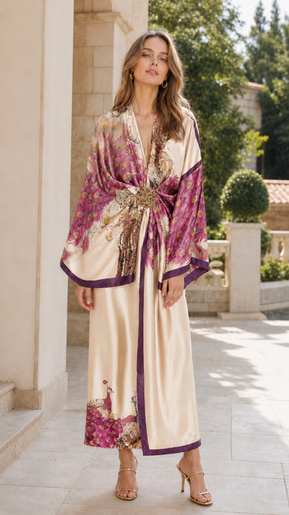 Model wearing the ivory and blush peacock print kimono and matching wide-leg pants set