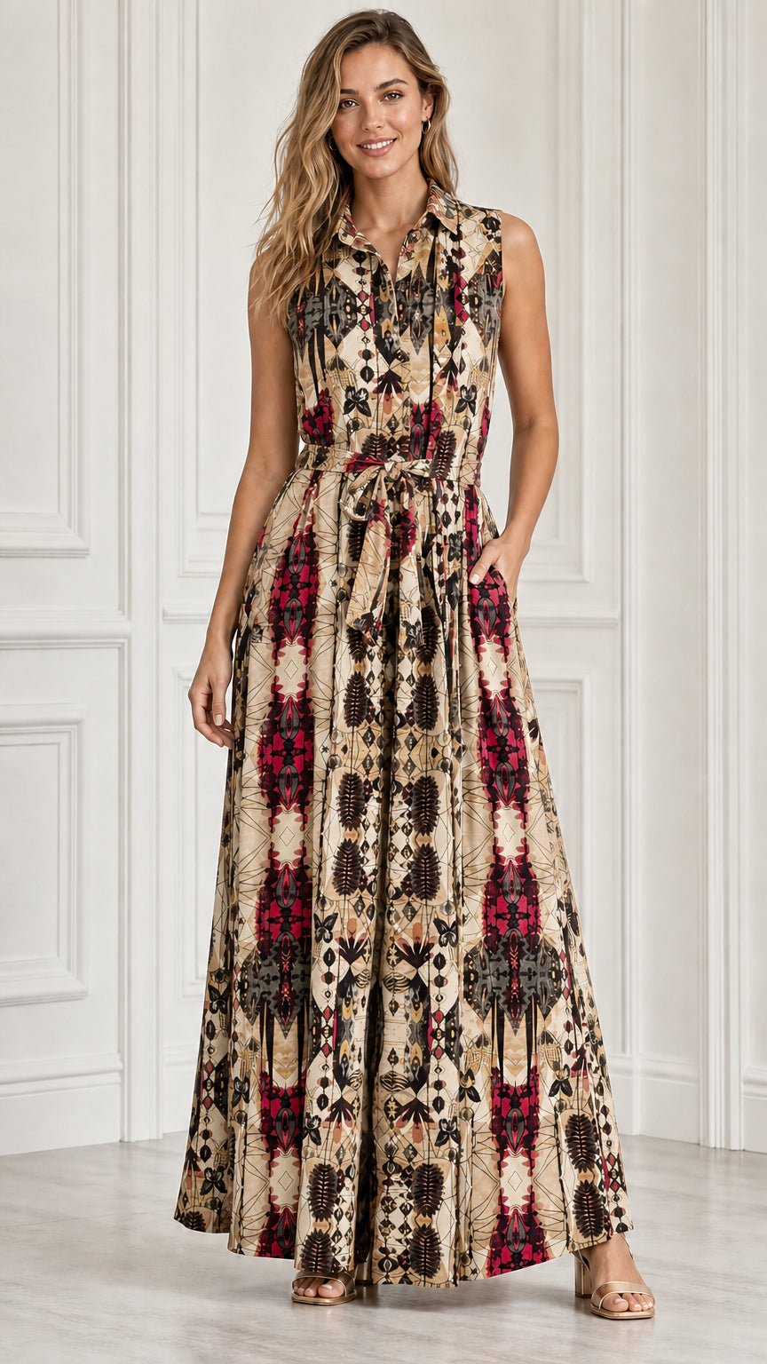 Front view of model wearing beige multi geometric print sleeveless maxi dress