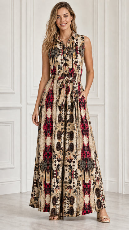 Front view of model wearing beige multi geometric print sleeveless maxi dress