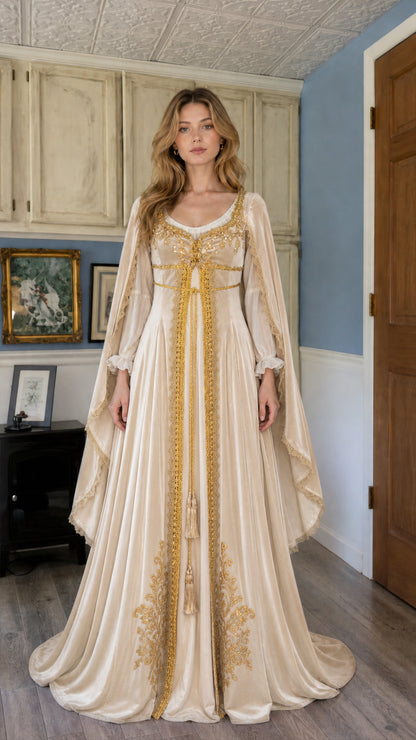 Front view of champagne Renaissance velvet dress