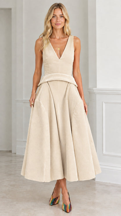 Front view of beige cream sleeveless V-neck pleated midi dress