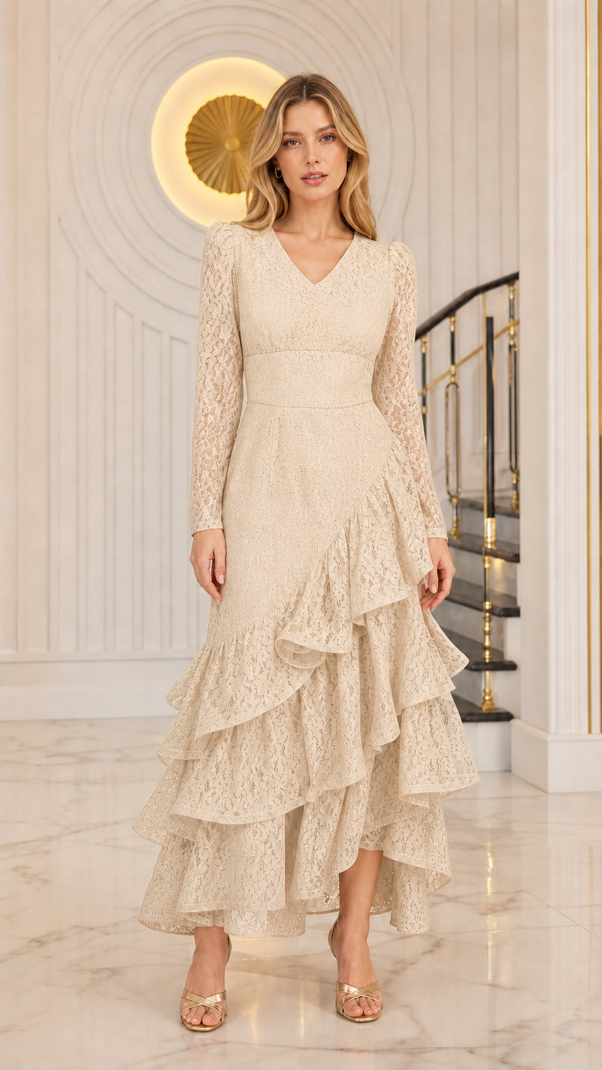 Model wearing the long sleeve tiered ruffle lace evening dress in champagne