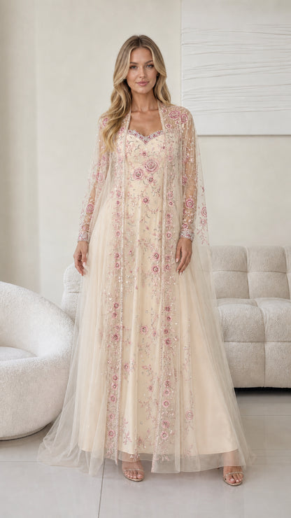 Front view of champagne embroidered tulle evening dress and jacket set