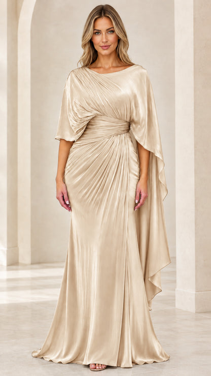 Champagne gold satin cape sleeve floor length evening gown