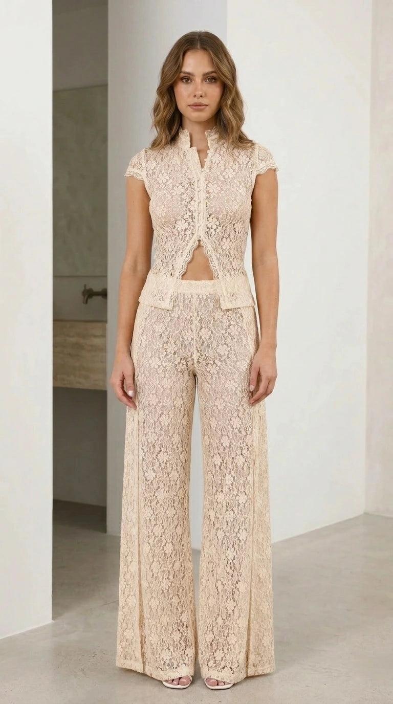 Full front view of champagne lace matching set