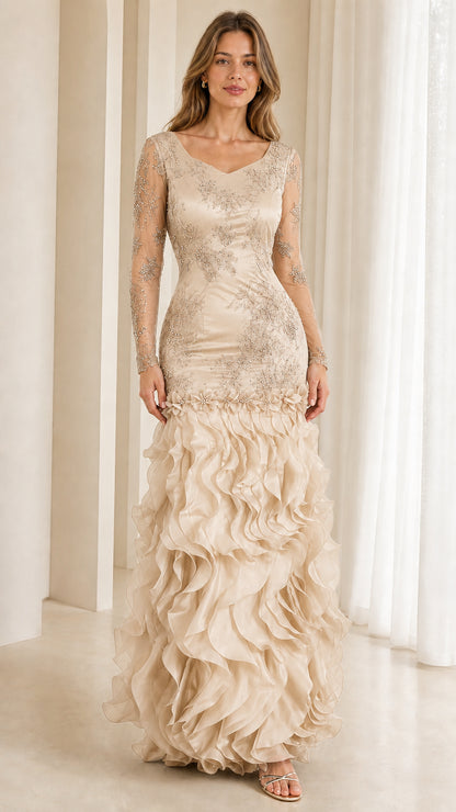 Champagne beige long sleeve lace mermaid evening gown front view