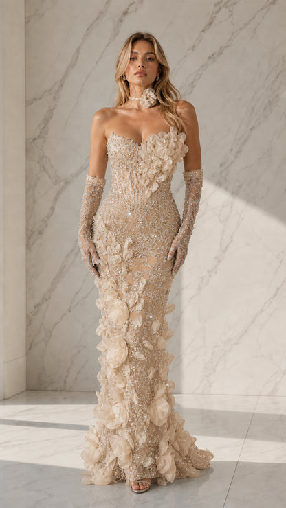 Champagne neutral evening gown with sparkling embellishments