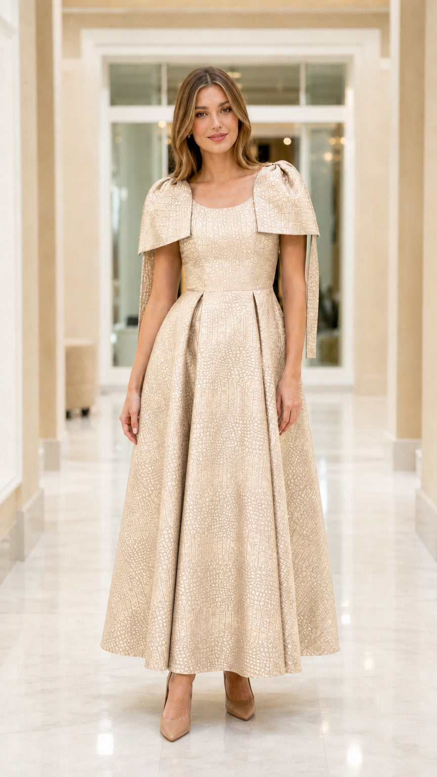 Full-length view of model wearing Champagne gold capelet jacquard maxi evening dress