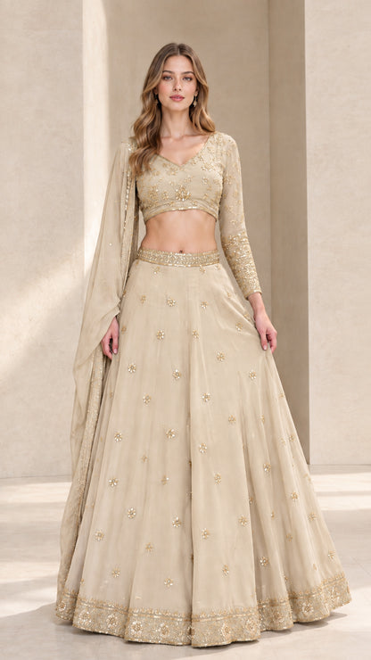 Front full view of champagne beige embroidered lehenga choli set