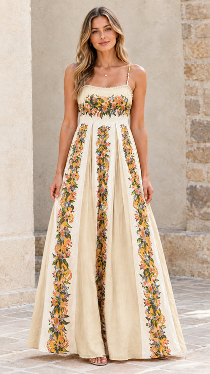 Full-length view of cream floral pleated maxi dress