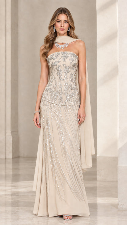Champagne beige beaded strapless formal column gown
