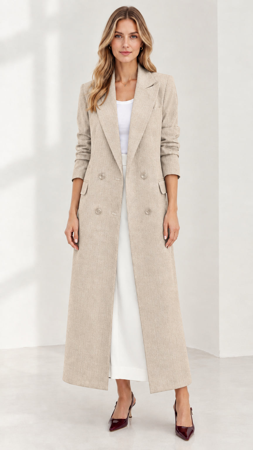 Front full-length view of woman wearing neutral beige maxi double-breasted coat