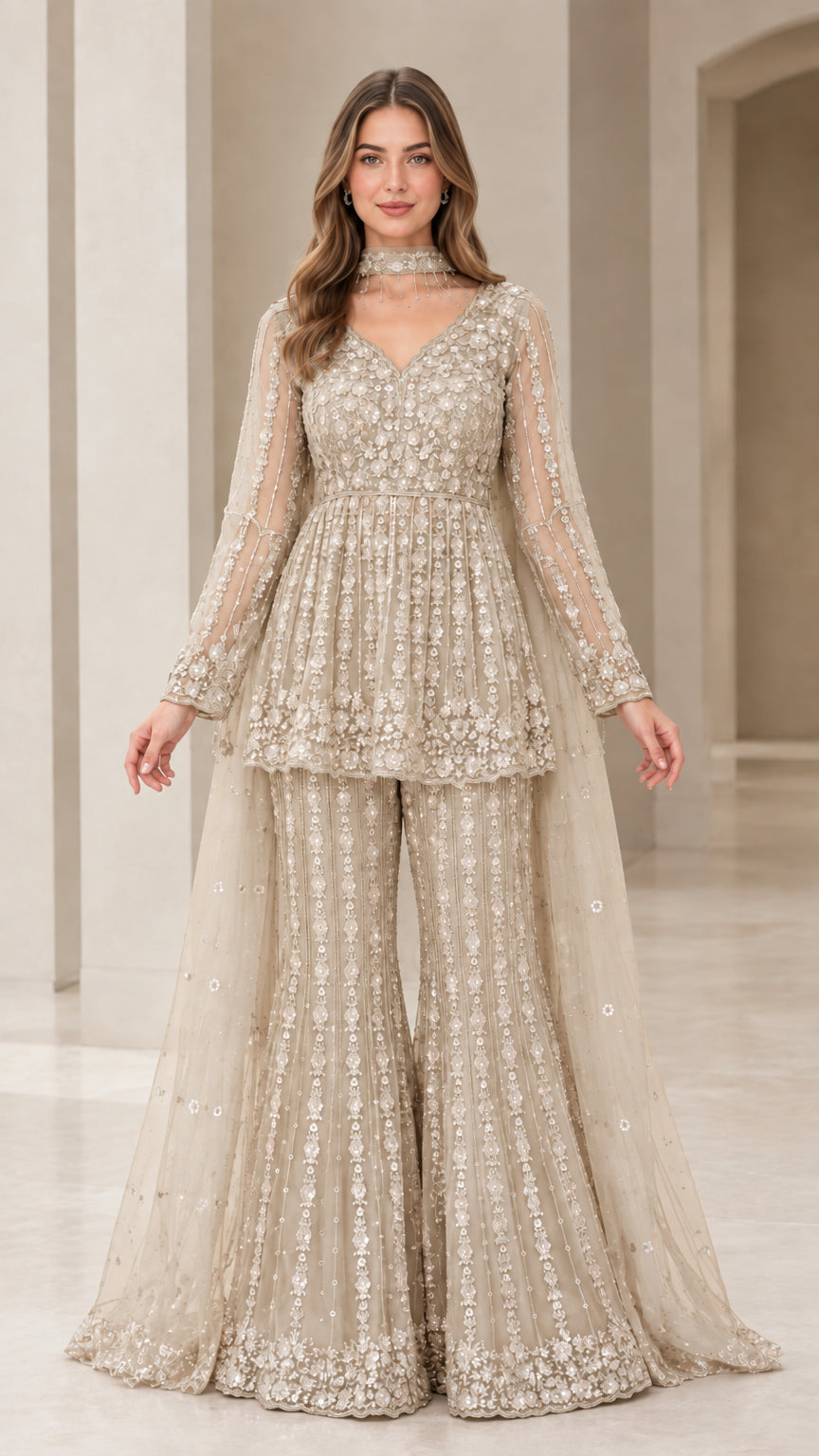 Champagne gold embroidered formal sharara pant suit