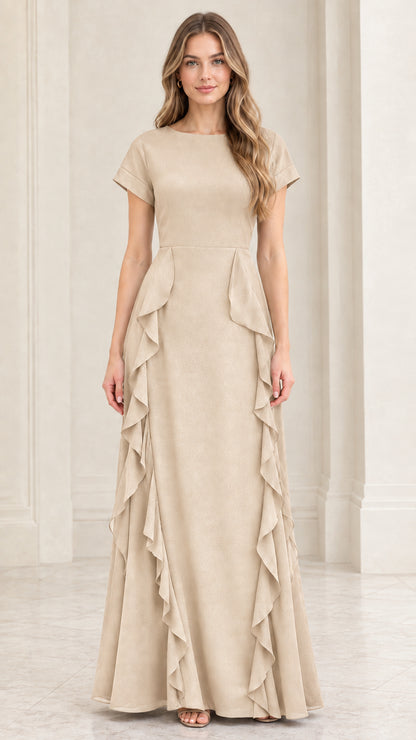Front full view of champagne beige short sleeve formal maxi dress
