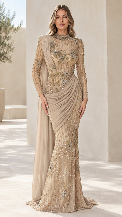 Full front view of champagne gold embellished long sleeve evening dress