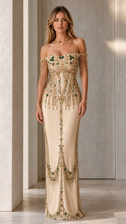 Model wearing Champagne gold off-the-shoulder beaded maxi dress
