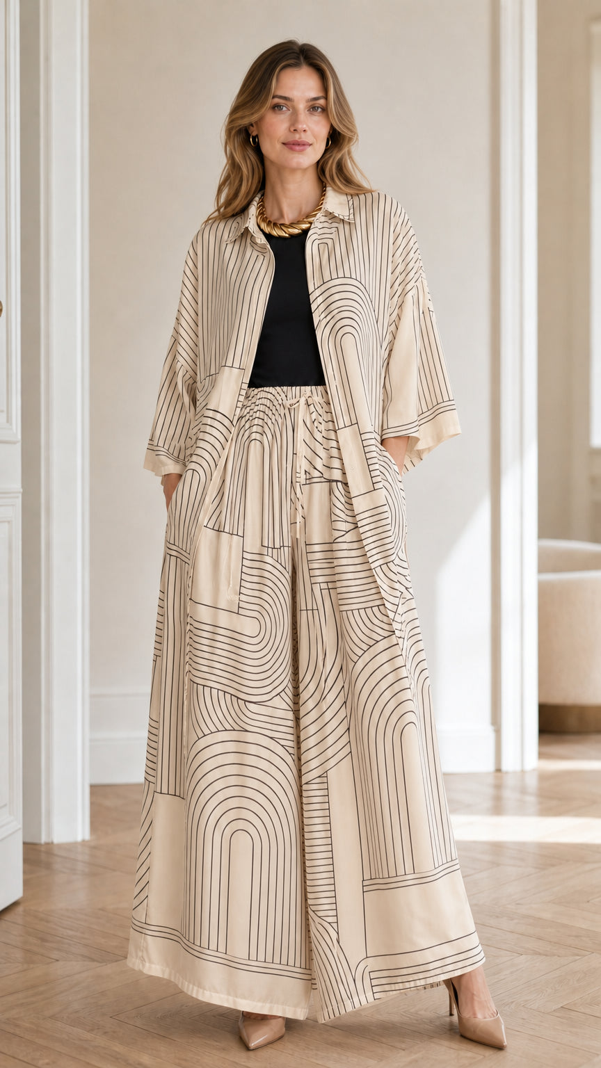 Model wearing beige geometric print matching set