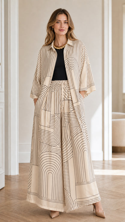 Model wearing beige geometric print matching set