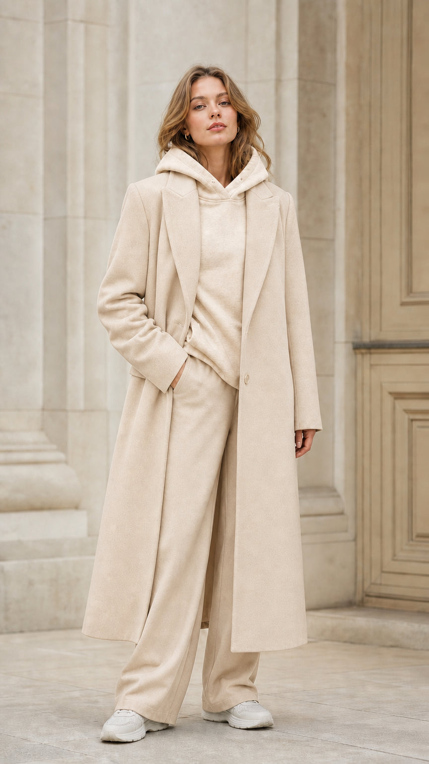 Front view of model wearing cream beige maxi tailored overcoat