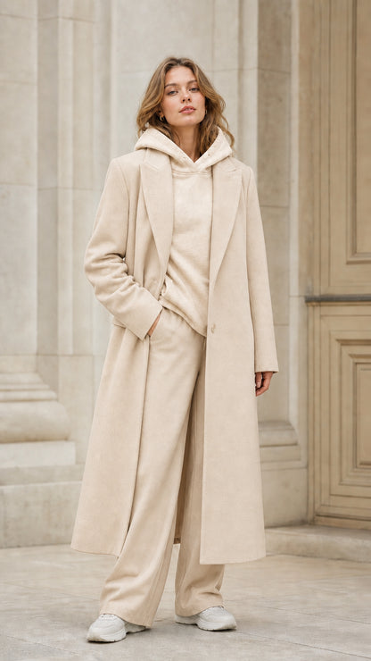 Front view of model wearing cream beige maxi tailored overcoat