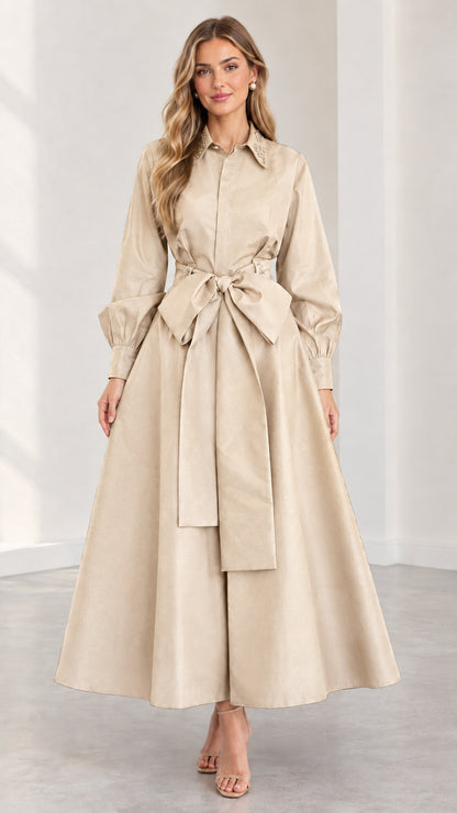 Model wearing beige champagne embellished collar maxi shirt dress