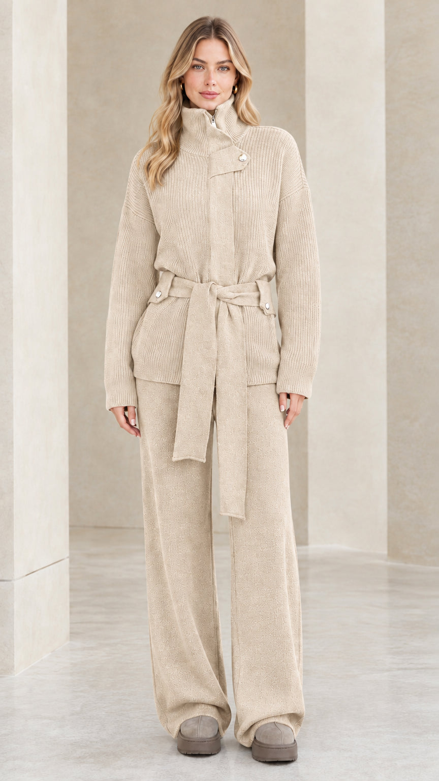 Full-length front view of the cozy two-piece ribbed knit belted set in neutral beige