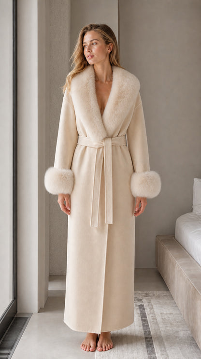 Warm champagne beige full-length belted robe with plush fur trim