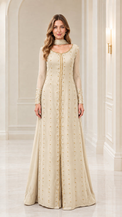 Champagne beige gold-tone beaded formal maxi dress