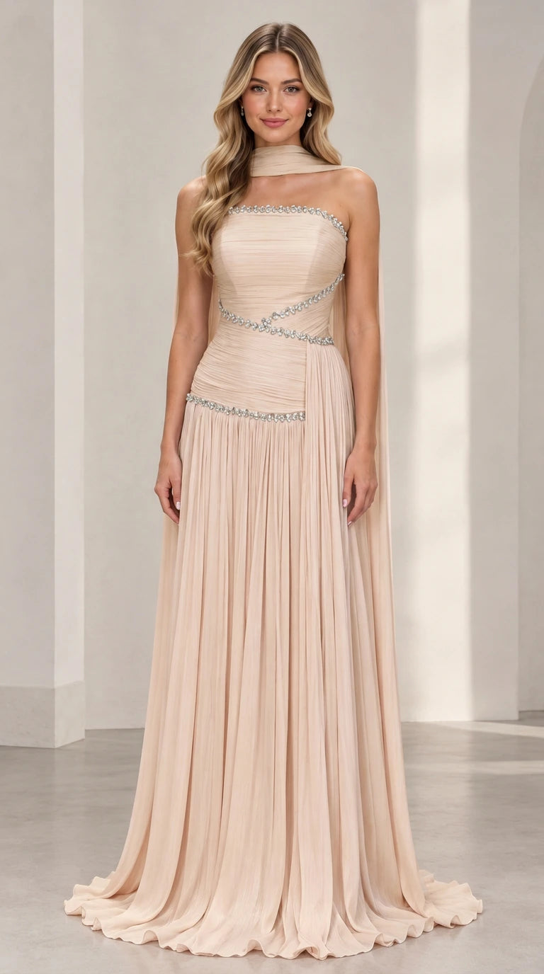 Champagne beige strapless pleated chiffon formal dress with rhinestone trim