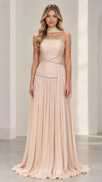 Champagne beige strapless pleated chiffon formal dress with rhinestone trim