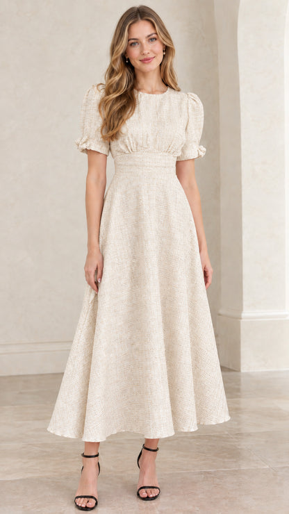 Model wearing cream off-white textured tweed puff sleeve midi dress