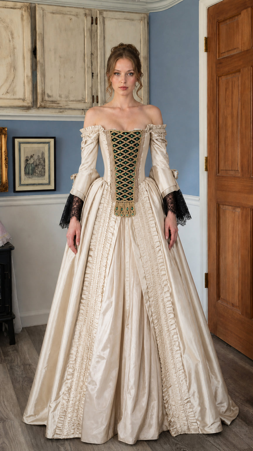 Renaissance off-shoulder champagne ball gown front view