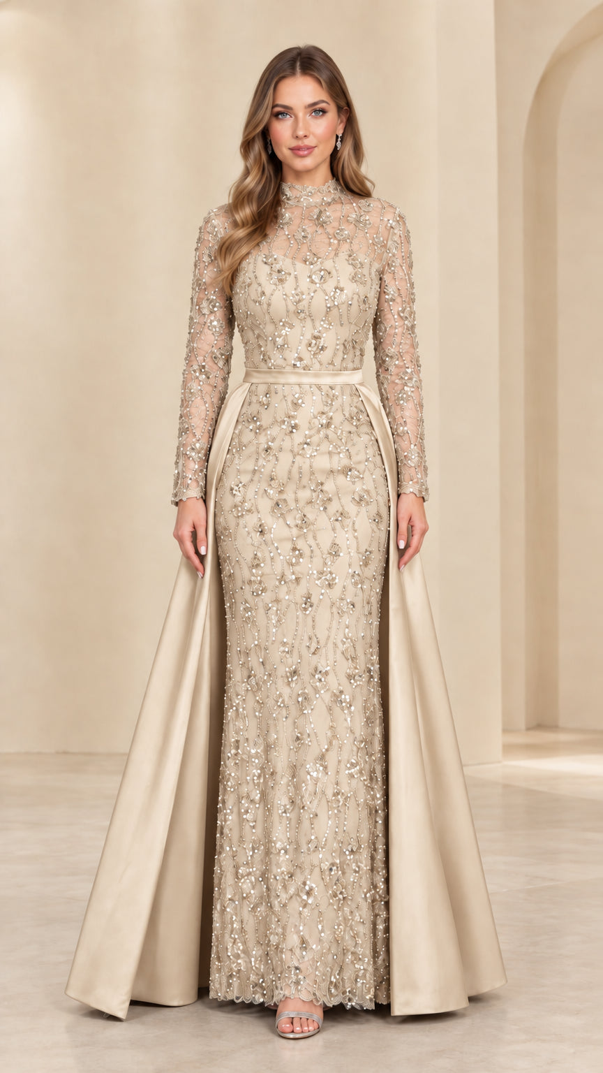 Front view of model in Champagne gold sequined lace evening gown with overskirt