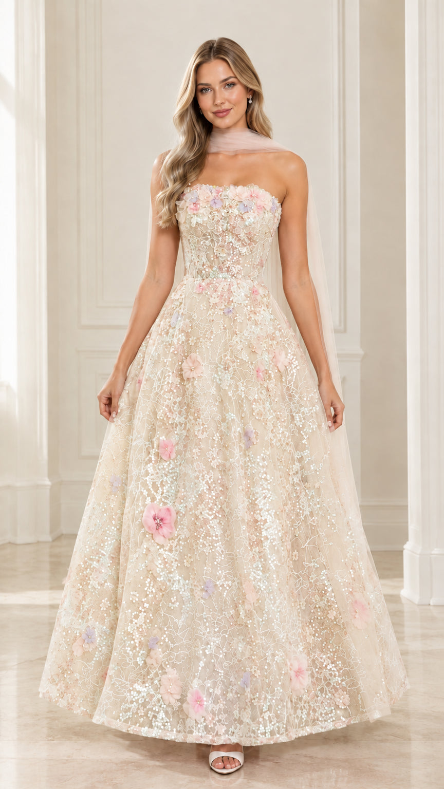 Front view of model wearing champagne ivory strapless 3D floral sequin evening dress
