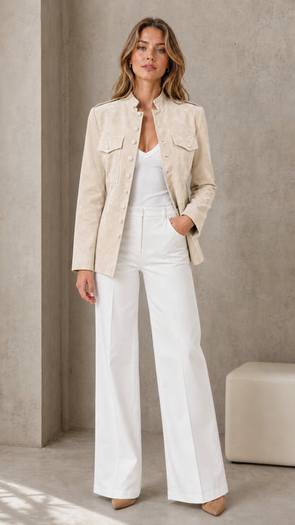 Woman wearing beige faux suede utility jacket