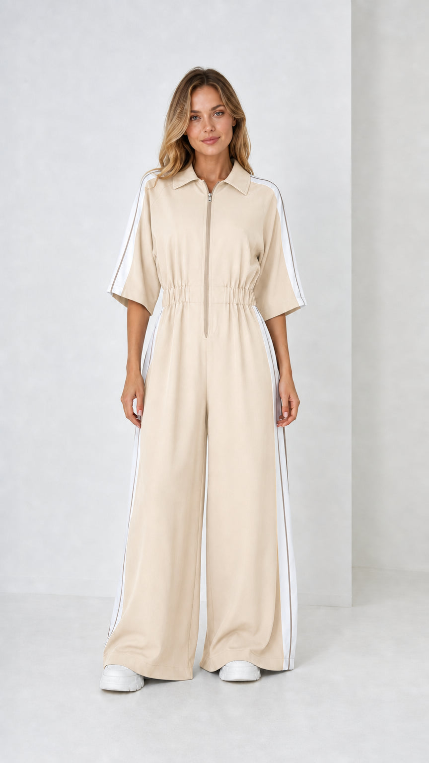 Beige cream short sleeve zip front wide leg jumpsuit with side stripes