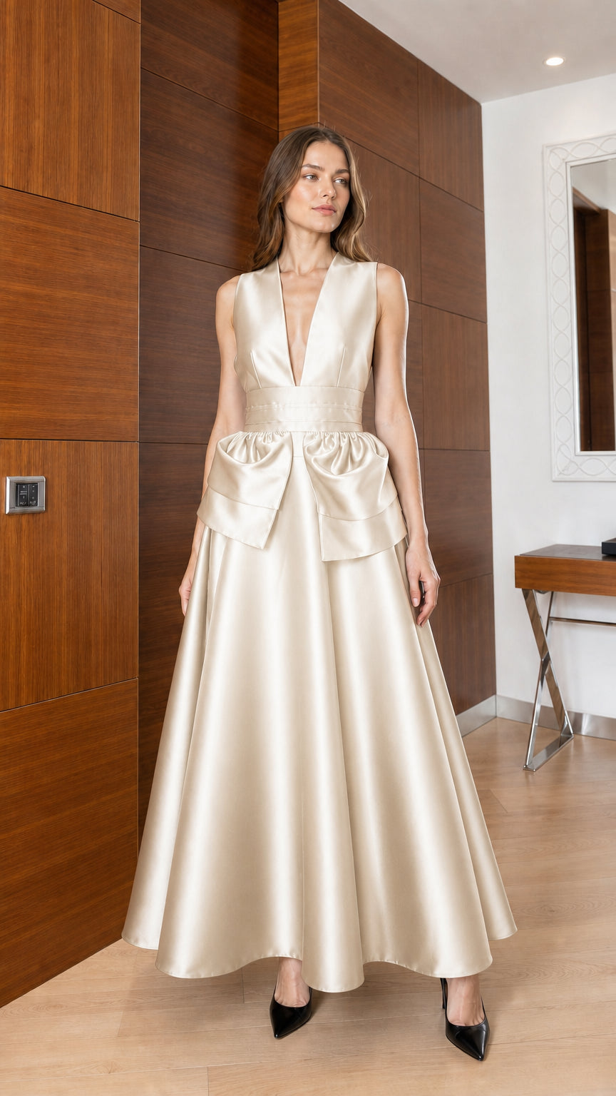 Front view of champagne satin maxi dress with waist bow