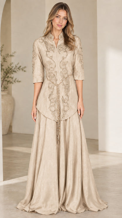 Front view of champagne embroidered floor-length formal evening gown