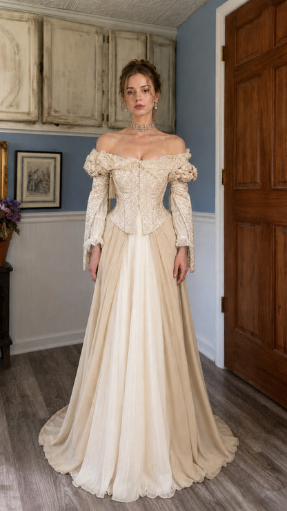 Front view of beige Renaissance off-shoulder corset maxi dress
