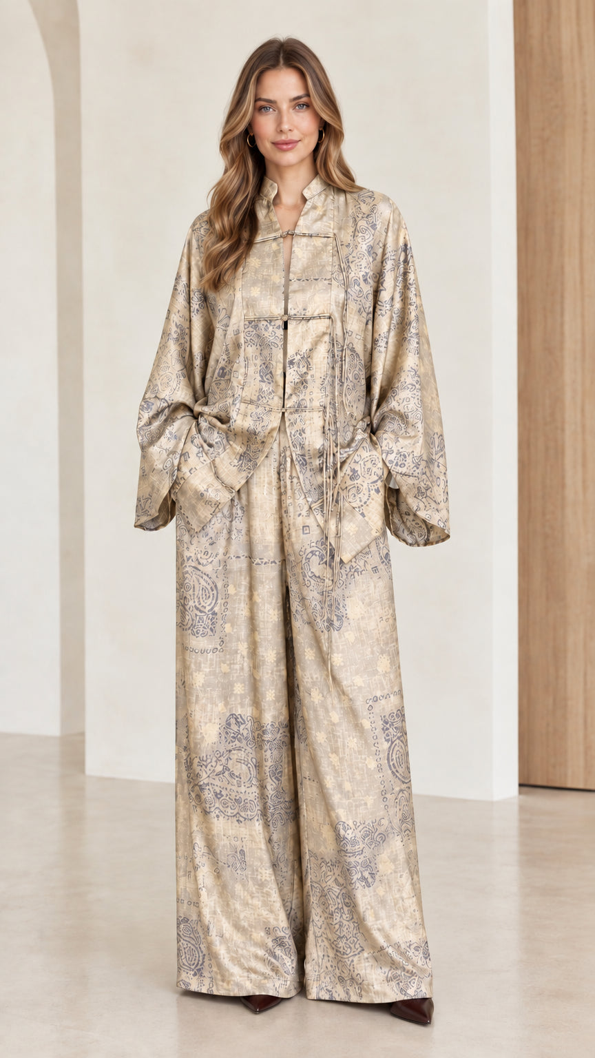 Model wearing Champagne gold jacquard two-piece tunic and wide-leg pant set
