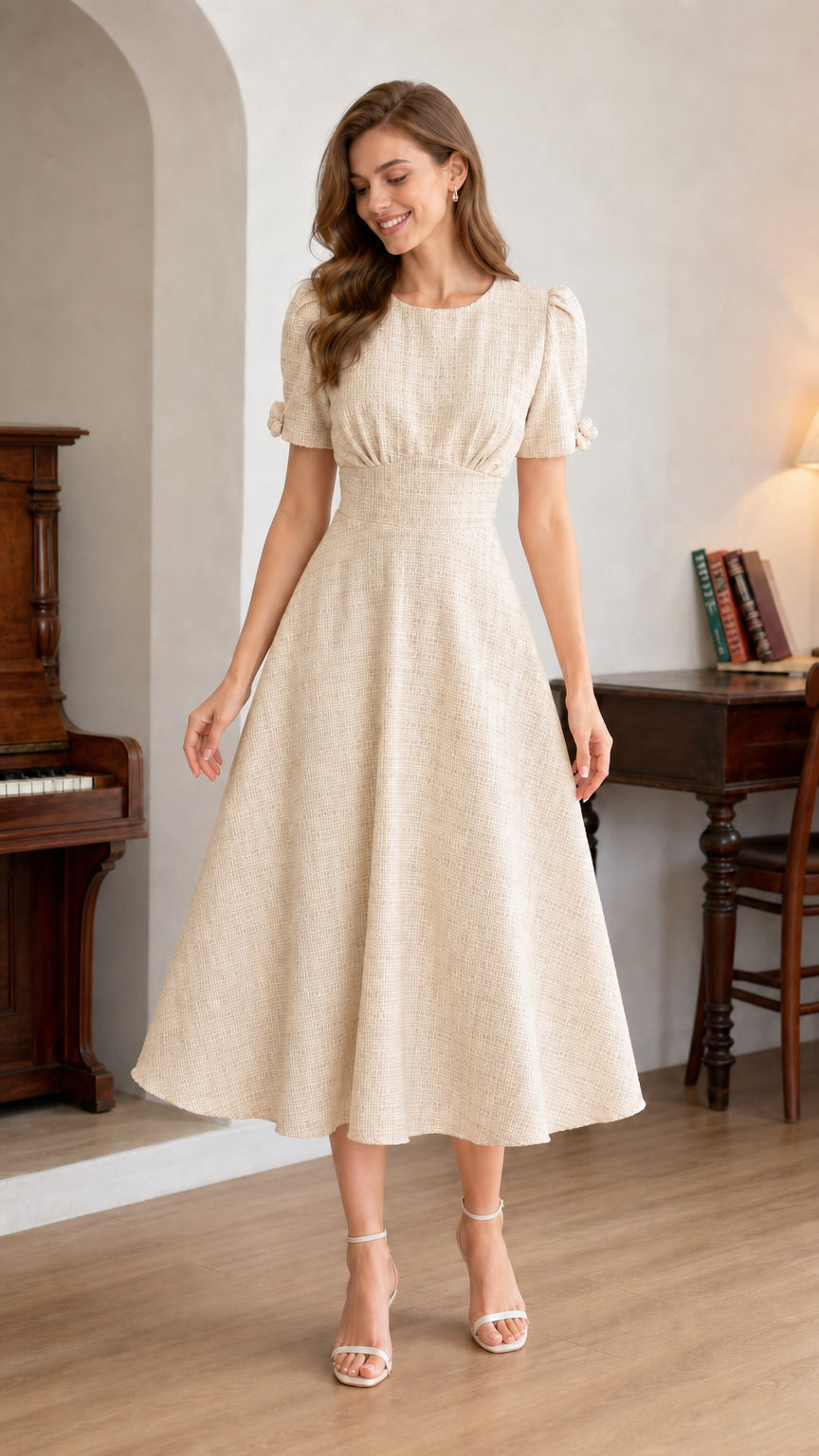 Woman wearing beige cream short-sleeve A-line midi dress front view