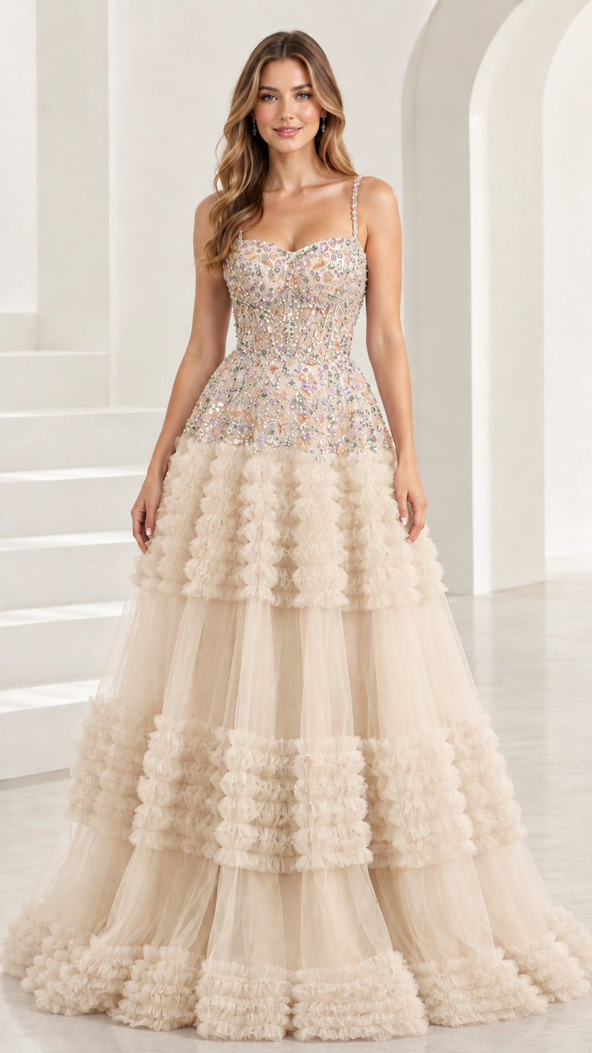 Front view of Champagne sparkling corset tiered tulle ball gown