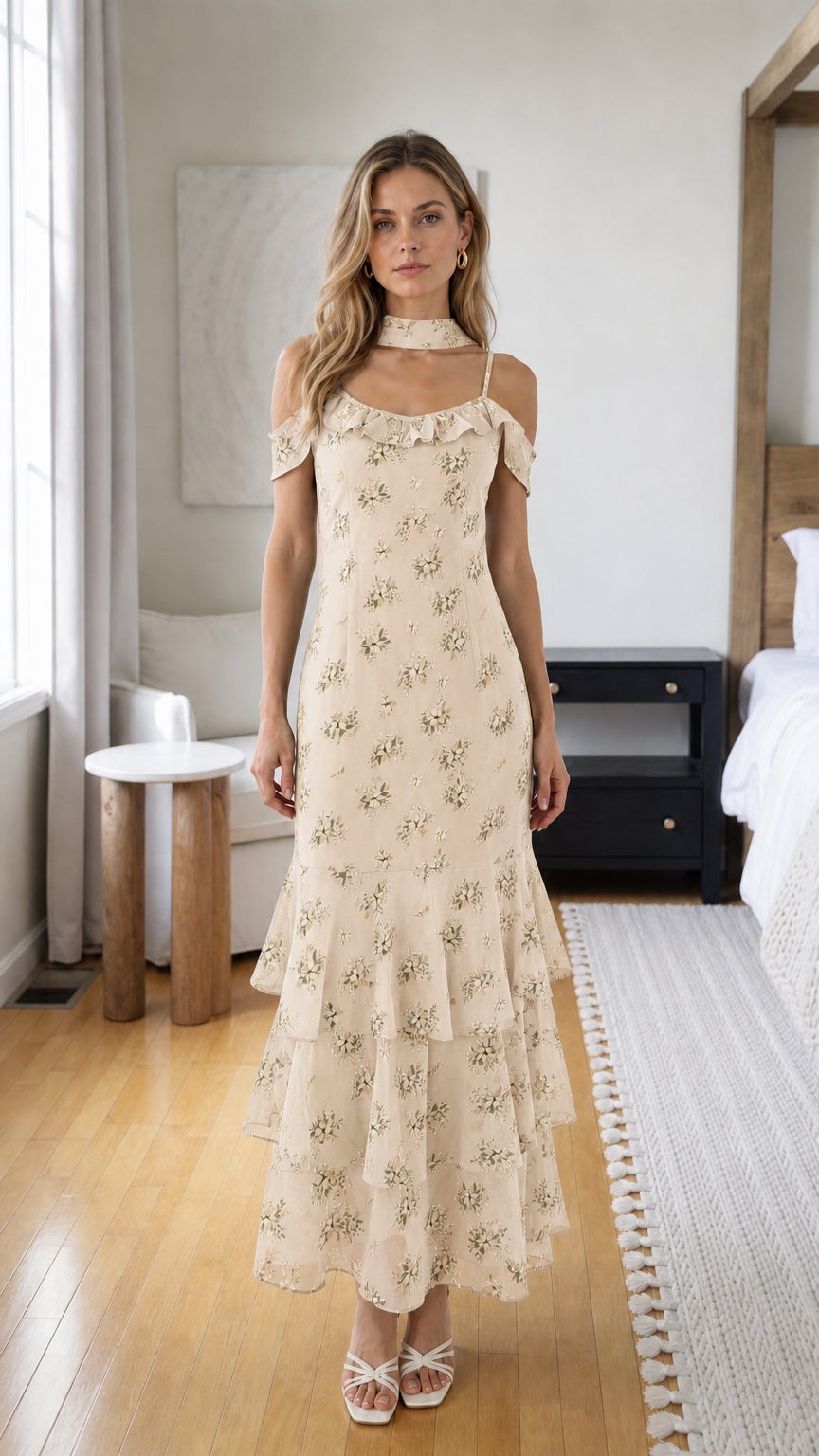 Model wearing cream floral print choker neck tiered ruffle midi dress