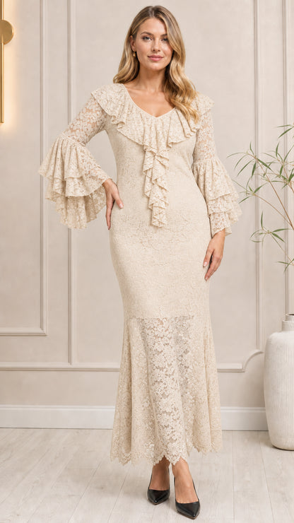 Cream champagne tiered bell sleeve floral lace mermaid dress front view